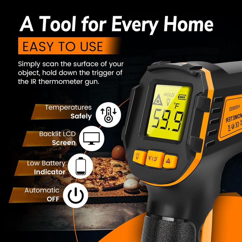 SOVARCATE Infrared Thermometer Digital Temperature Gun Laser Meat Thermometer for Cooking, Food, Pizza Ovens, Grilling, Engine, Candy, Laser Griddle, Indoor HVAC Refrigerator Tool -58°F to 1112°F (-50℃~600℃) - Image 5